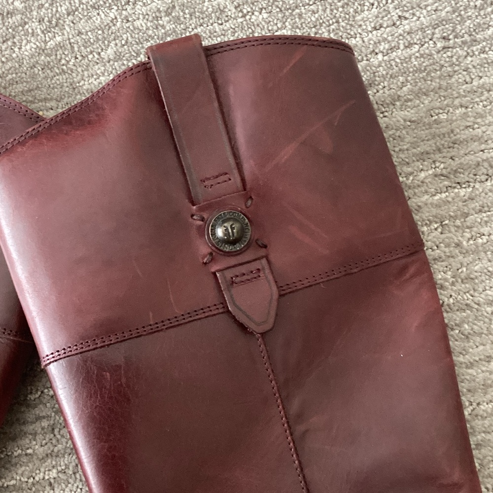 Frye Women's to the Knee Burgundy Leather Boots - Picture 3 of 5